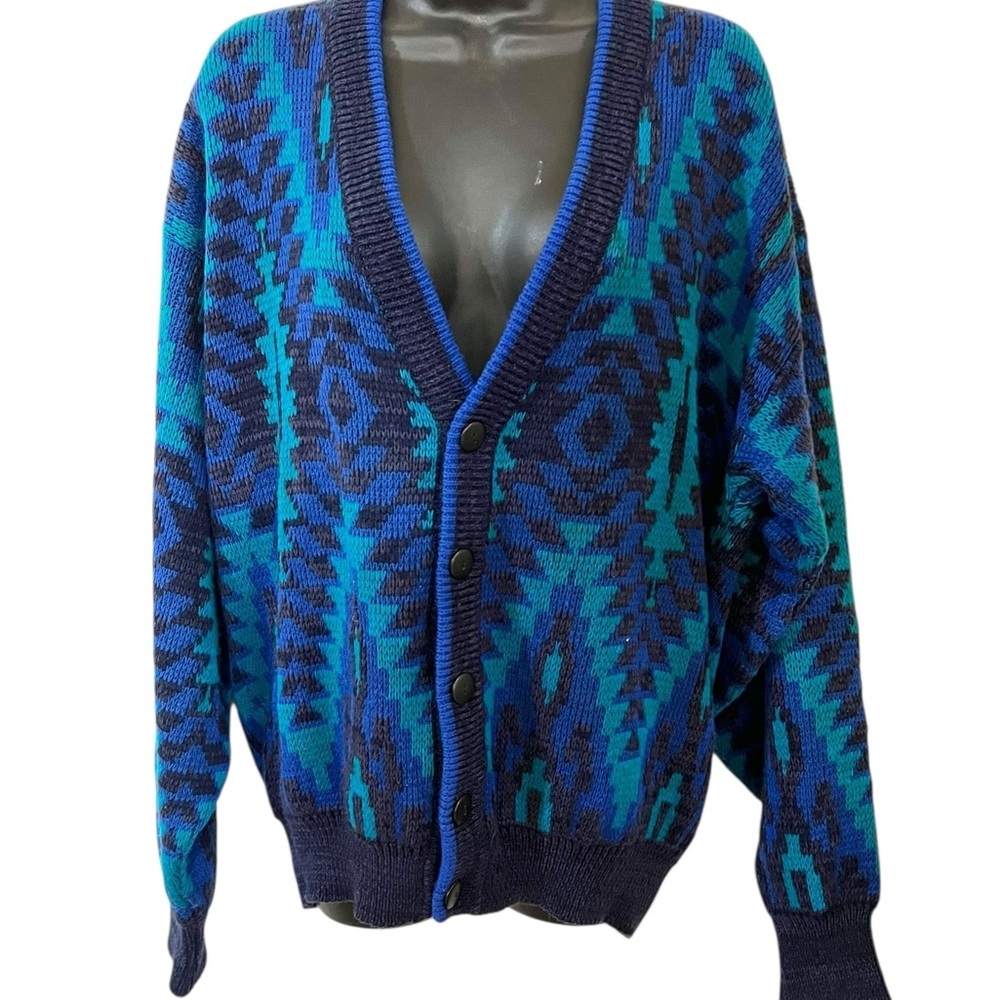 Vintage 80s 90s Mcgregor Cardigan Sweater Geometric Aztec Grunge Grandpacore XL